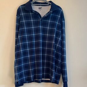 Land’s End Men’s Long Sleeve Plaid Polo L Traditional Fit Blue White Notched Hem